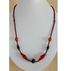 Handmade Seed Bead and Faux Jewel Single Strand Necklace Red & Black